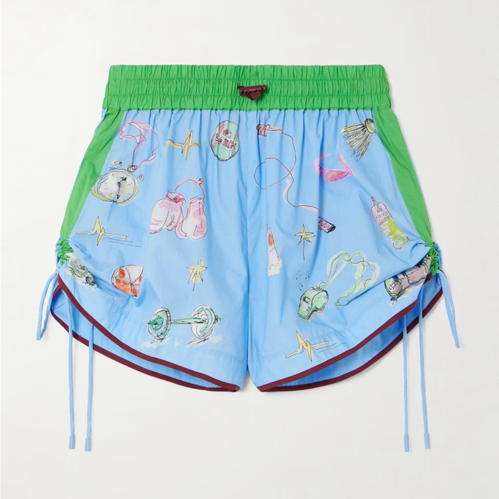 Alemais Light Blue Printed Athletic Shorts with Green Waistband and Maroon Edge